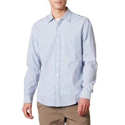 Image of Amazon Essentials Men&#039;s Slim Fit Long Sleeve Poplin Shirt, Blue White Vertical Stripes, XXL