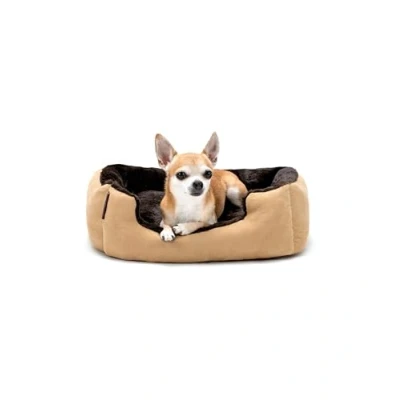 Image of dog bed pillow basket with reversible cushion colour brown/beige size S