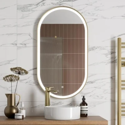 Image of BAYSTONE® 550 x 1000mm Capsule LED Illuminated Bathroom Mirror with Lights Wall Mounted Mirrors for Bathrooms Mains Powered Brushed Brass Touch Sensor Demister