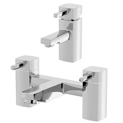 Image of Architeckt® Misa Bathroom Bath Filler Mixer Tap and Basin Set Deck Mounted Square Twin Lever Handle Modern, Chrome