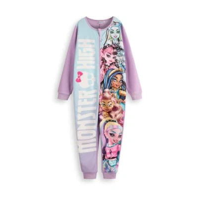 Image of Monster High Girls Onesie Kids All in One Sleepsuit Pyjamas Purple Nightwear Fleece Zip Piece Bodysuit Draculaura Frankie Stein Clawdeen Wolf Fashion Cartoon Series Merchandise Gift