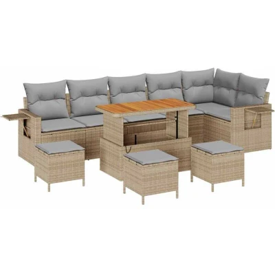Image of vidaXL 10 Piece Garden Sofa Set with Cushions Beige Poly Rattan Acacia
