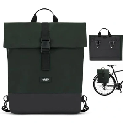Image of LARKSON Bike Pannier Dark Green Tammo 2 in 1 Cycle Backpack &amp; Bicycle Bag for Rear Carrier, Made of Recycled Material Water Repellent