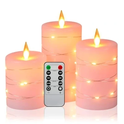 Image of Flameless Candles 360 Degree Viewing Angle, with Starry String Lights, 3 Pack Fairy Lights LED Candles, 10 Key Remote Control, 24 Hour Timer Function, Dancing Flame, Real Wax(Rose).