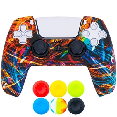 Image of 9CDeer 1 Piece of Silicone Transfer Print Protective Thick Cover Skin + 6 Thumb Grips for Playstation 5 / PS5 Controller Black Stream