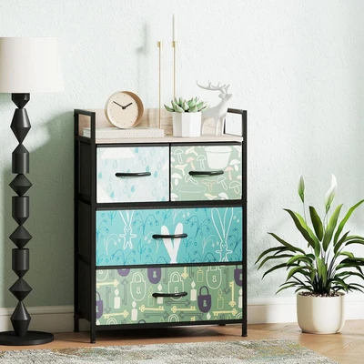 Image of HOMCOM Bedroom Chest of Drawers, Fabric Dresser with 4 Open Shelf and Steel Frame for Living Room, Hallway, Blue