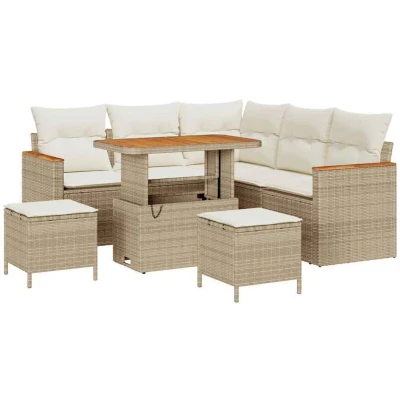 Image of vidaXL 8 Piece Garden Sofa Set with Cushions Beige Poly Rattan Acacia