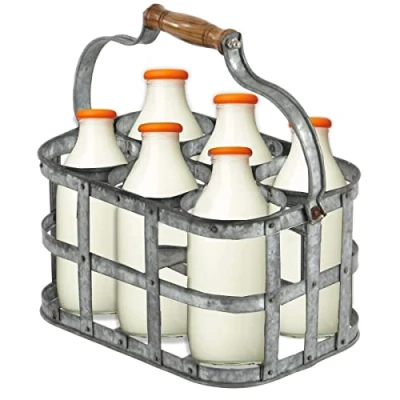 Image of Trendi® Milk Bottle Holder Galvanized 4 Bottles Doorstep Crate Carrier Traditional 7.75 (L) x (W) 6.25 (H) (6 Holder)