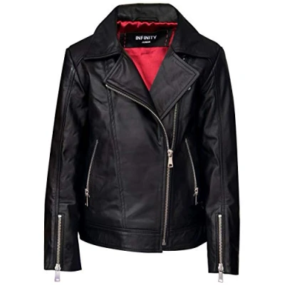 Image of Infinity Junior Childrens Unisex Kids Jackets Designer&#039;s Girls 100% Leather Jacket Zip Up Biker Coats (1 13Years) Black material_Sheepskin Size 10 11Y