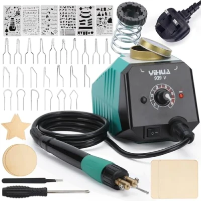 Image of YIHUA 939 V Pyrography Wood Burning Tool Set with 23 Wire Nibs in Varied Shapes, Detachable Pen, 6 Pieces, Stencils and Screwdriver, Tweezers Used as Kit(UK Plug)