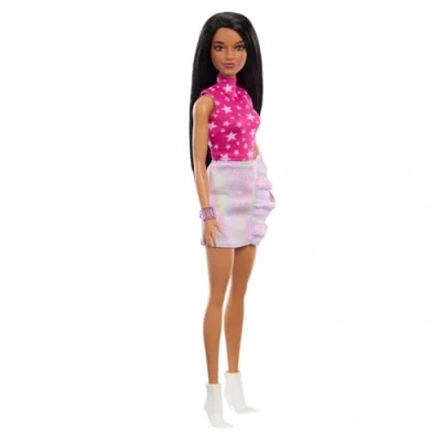 Image of Barbie Fashionistas Doll #213, Blonde with Striped Top, Pink Skirt &amp; Sunglasses, 65th Anniversary Collectible Fashion Doll, HRH11