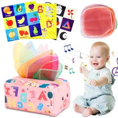 Image of UZSUZZ Baby Tissue Box Toy, Sensory Box, Toys for Babies, 0 6 Months with Papers &amp; Colorful Scarves, Early Learning Educational Girl Boy