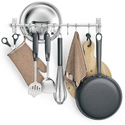 Image of Lesfit Stainless Steel Hanging Utensil Rack Wall Mounted, 12 Hooks, Self Adhesive, 50cm