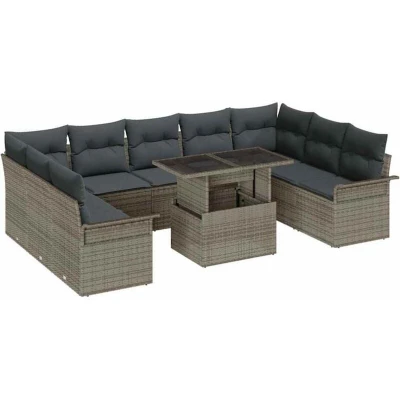 Image of vidaXL 10 Piece Garden Sofa Set with Cushions Grey Poly Rattan