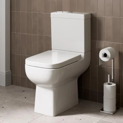 Image of Affine® Rimless Close Coupled Bathroom Cloakroom Toilet Modern Ceramic Space Saving Short Projection Small WC Toilets, Square Pan System, Soft Seat, Dual Flush Cistern