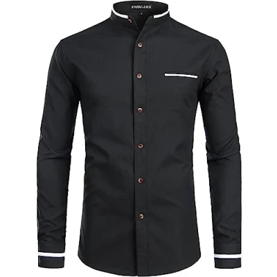 Image of PARKLEES Mens Hipster Design Grandad Collar Oxford Shirt Slim Fit Long Sleeve Casual Button Down Dress Shirts with Pocket Black S