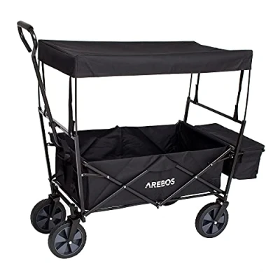 Image of Arebos Foldable Cart with Roof Garden Transport 2X Net Pockets and 1x Outside Pocket Solid Rubber Tires (Black)