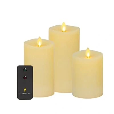 Image of Luminara Realistic Artificial Moving Flame Pillar Candles Set of 3 Melted Top Edge, LED Battery Operated Lights Unscented Remote Included 3&quot; x 4.5&quot;, 5.5&quot;, 6.5&quot; (Ivory)