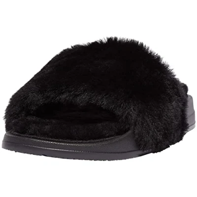 Image of Fitflop Women&#039;s Iqushion Pool Slide II Shearling Sandal, All Black, 4 UK