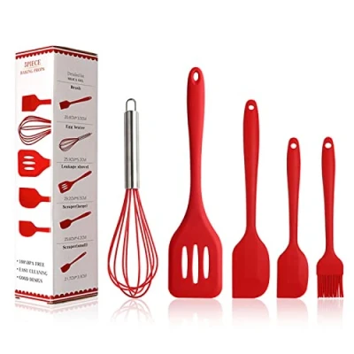 Image of BINHAI Silicone Spatula Set, Red 5 Piece Kitchen Utensils Basting Brushes, Pastry Oil Brush, Egg Beater, Slotted Turner, Stainless Steel Core Cooking Spatulas Non Stick