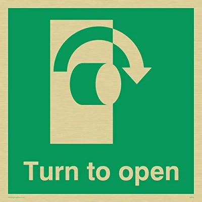 Image of Viking Signs SA403 S20 G Right Down Arrow &quot;Turn To Open&quot; Sign, Rigid Gold Plastic, 200 mm H x W