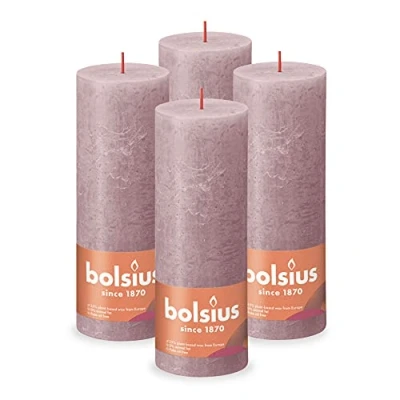 Image of Bolsius Rustic Pillar Candle Old Pink Pack of 4 Long Burning Time 85 Hours Household Interior Decoration Unscented Natural Vegan Wax No Palm Oil 19 x 7 cm