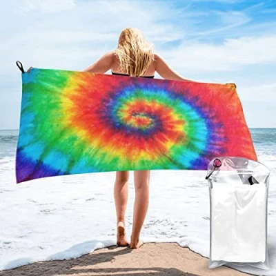 Image of DCEHGEW Tie Dye Rainbow Microfiber Quick Dry Bath Towel, Camping Super Absorbent Beach Towel with Carry Bag for Beach, Travel, Gym, Camping, Pool