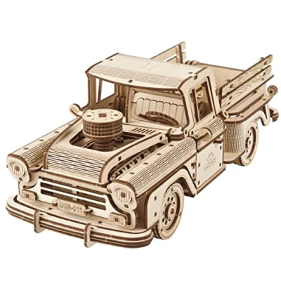 Image of UGEARS 3D Wooden Puzzle Car Classic 1950s Lumberjack Pickup Truck Toy Puzzles for Adults and Kids with Spring Motor Vintage Model Kits Kit