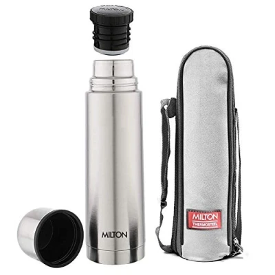 Image of Milton Vacuum Flask for Hot Drink 1 Litre (34 oz), Stainless Steel Double Walled Insulated Water Bottle 24 Hour and Cold Drinks with Cover, Leak Proof, BPA Free, Thermosteel Plain Lid 1000 ml