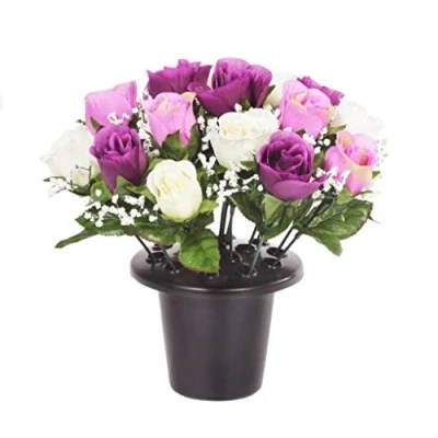 Image of A1 Homes ARTIFICIAL PURPLE/LILAC ROSE GRAVE POT WITH 16 FLOWERS VASE INSERT MEMORIAL