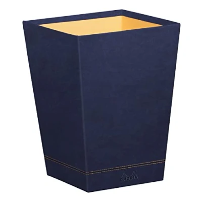 Image of RHODIA 194627C Waste Paper Bin Midnight Blue 24x24x32 cm Orange Saddle Stitching Faux Leather Exterior Home Office Collection Rhodiarama Organization &amp; Designer Storage