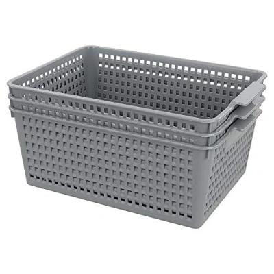 Image of Yarebest Large Plastic Storage Basket Box, Cupboard Baskets, 3 Pack (Grey)