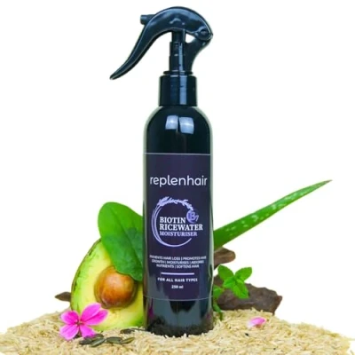 Image of Replenhair Rice Water Biotin Hair Growth Spray Leave In Conditioner Infused with Oil &amp; Essential for Growth, Moisturiser Bottle Fall, Dandruff Nourishment, 250ml