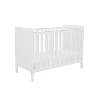 Image of Babymore Caro Urban Mini Cot Bed White Convertible to Toddler Up 5 Years, 3 Adjustable Mattress Base Positions, Baby With Protective Teething Rails Not Included