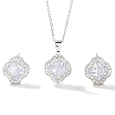 Image of Jewellery Set for Women Clover Gold Plated Sterling Silver Necklace Stud Earrings Settings Sparkling Cubic Zirconia Diamond Cut Crystal Jewelry Gift Girls