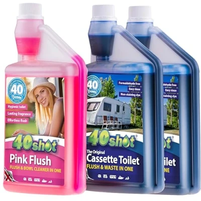 Image of 40Shot Twin Pack Blue Cassette Toilet Fluid &amp; Pink Flush Rinse 2 x 1L Concentrates 80 Doses Waste Breakdown, Fresh Limescale Prevention
