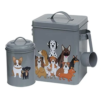Image of Retro 3PC Metal Dog Food Storage Set: Tin, Treats Tin &amp; Serving Scoop Matt Grey Finish with Quirky Pack Illustration.