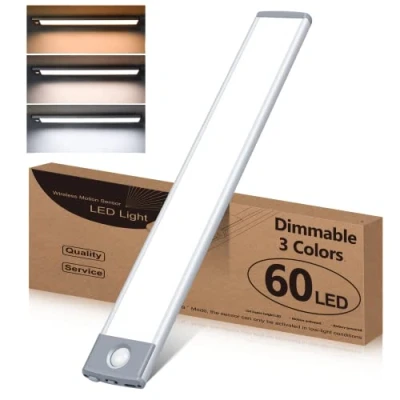 Image of 60 LED Closet Light 3 Color Temperature Stepless Dimming, Motion Sensor Lights Indoor, USB Rechargeable Under Cabinet Wardrobe Lighting, Cupboard Stick on Kitchen Stairs Hallway