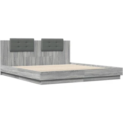 Image of vidaXL Grey Sonoma Double Bed Frame with Headboard and LED Lights 200x200 cm Engineered Wood Bedroom Furniture