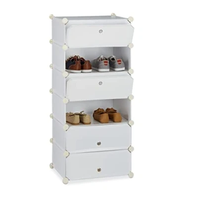 Image of Relaxdays Plastic Shoe Cabinet, Rack, 6 Compartment Shelving Unit, HWD: 107 x 49 37 cm, White