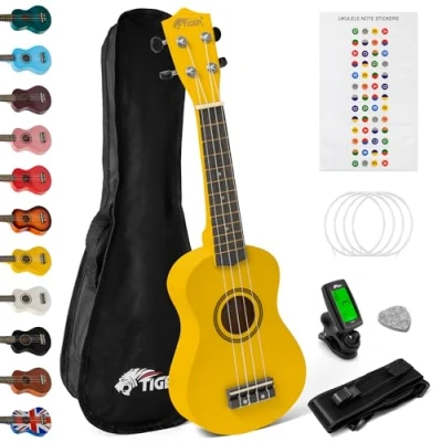 Image of TIGER UKEKIT YL Soprano Ukulele for Beginners includes Gig Bag, Felt Pick, Spare Set of Strings Now Equipped with Aquila Yellow