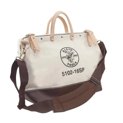 Image of Klein Tools 5102 16SP Deluxe Canvas Tool Bag Made of Natural with 13 Interior Pockets and Detachable Shoulder Strap, 16 Inch