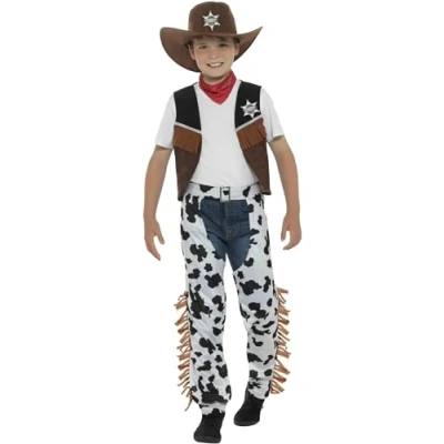 Image of Smiffys Texan Cowboy Costume, Brown with Hat, Neck Tie, Waistcoat, Badge &amp; Chaps, Boys Fancy Dress, Child Dress Up Costumes