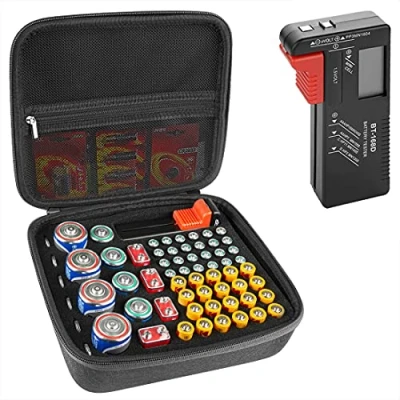 Image of Linkidea Hard Battery Storage Container, Organizer Box with Tester BT 168, Safe Carrying Case Holder Holds 63 Various Sizes AA AAA 9V C D Batteries