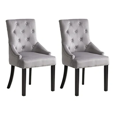 Image of BonChoice Velvet Dining Chairs Set of 2 with Knocker Studded for Room Kitchen Upholstered Accent Side Bedroom, Living Room, Button Tufted Armchair Grey
