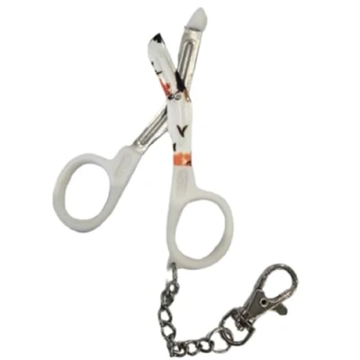 Image of Novelty Nurse Mini Utility Scissors with Clip and Chain White Handle Flower Design Blades