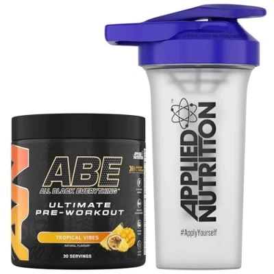 Image of Applied Nutrition Bundle ABE Pre Workout 375g + 700ml Protein Shaker All Black Everything Powder, Energy &amp; Physical Performance with Creatine, Beta Alanine (Tropical)