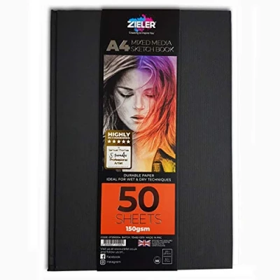 Image of Hardback Casebound Mixed Media Sketch Book 150gsm 50 Sheets by Zieler™. Ideal for use with Pencils, Charcoal, Graphite, Pastels &amp; Light Watercolour. Acid Free Portrait (A4)