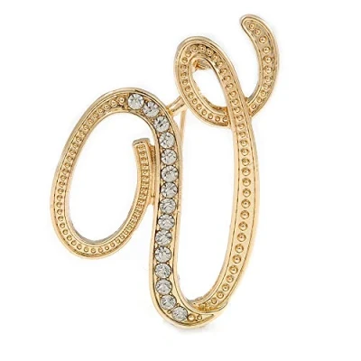 Image of &#039;V&#039; Gold Plated Clear Crystal Letter V Alphabet Initial Brooch Personalised Jewellery Gift 45mm Tall