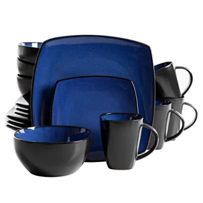 Image of Gibson Soho Lounge 127333.16R Square Reactive Glaze Stoneware Dinnerware Set, Sapphire